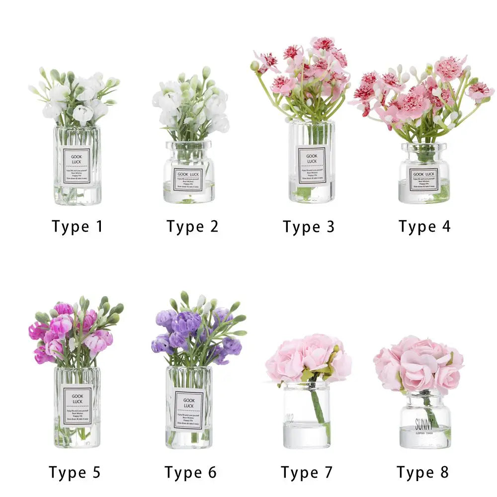1PC Mini Flower Vase Dollhouse Accessories Simulation Pink Rose White Jasmine 1:12 Scale Mini Floral Arrangement Miniature Model