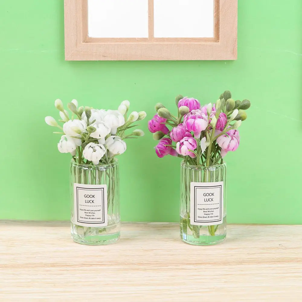 1PC Mini Flower Vase Dollhouse Accessories Simulation Pink Rose White Jasmine 1:12 Scale Mini Floral Arrangement Miniature Model