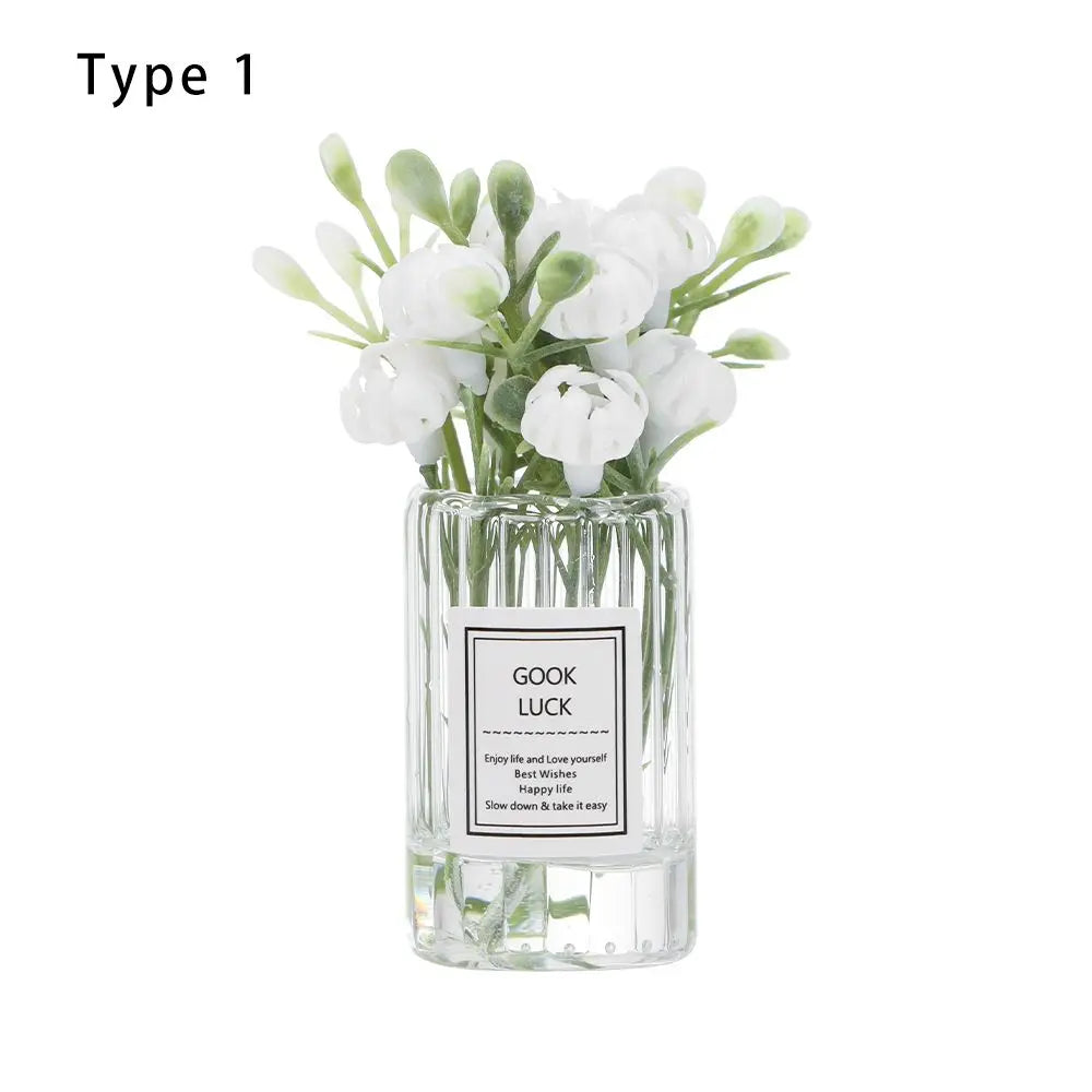 1PC Mini Flower Vase Dollhouse Accessories Simulation Pink Rose White Jasmine 1:12 Scale Mini Floral Arrangement Miniature Model