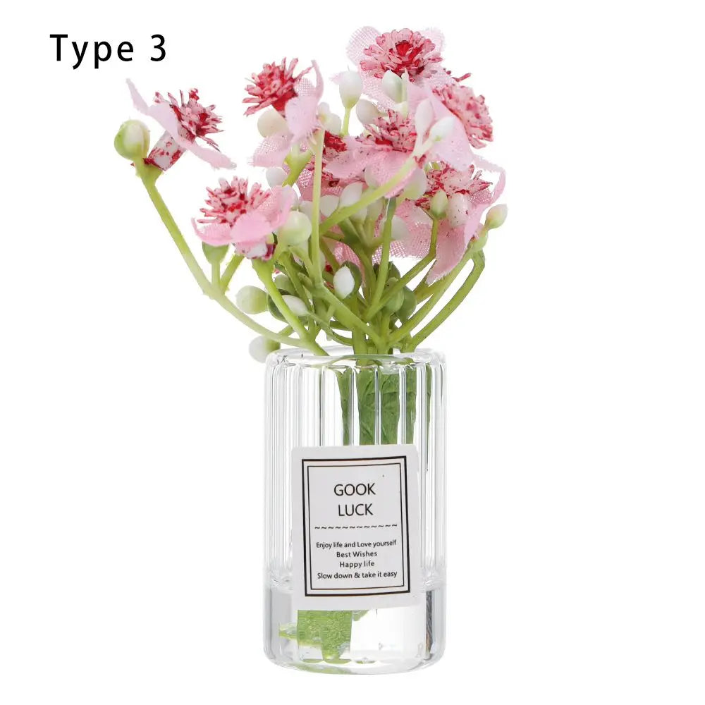 1PC Mini Flower Vase Dollhouse Accessories Simulation Pink Rose White Jasmine 1:12 Scale Mini Floral Arrangement Miniature Model