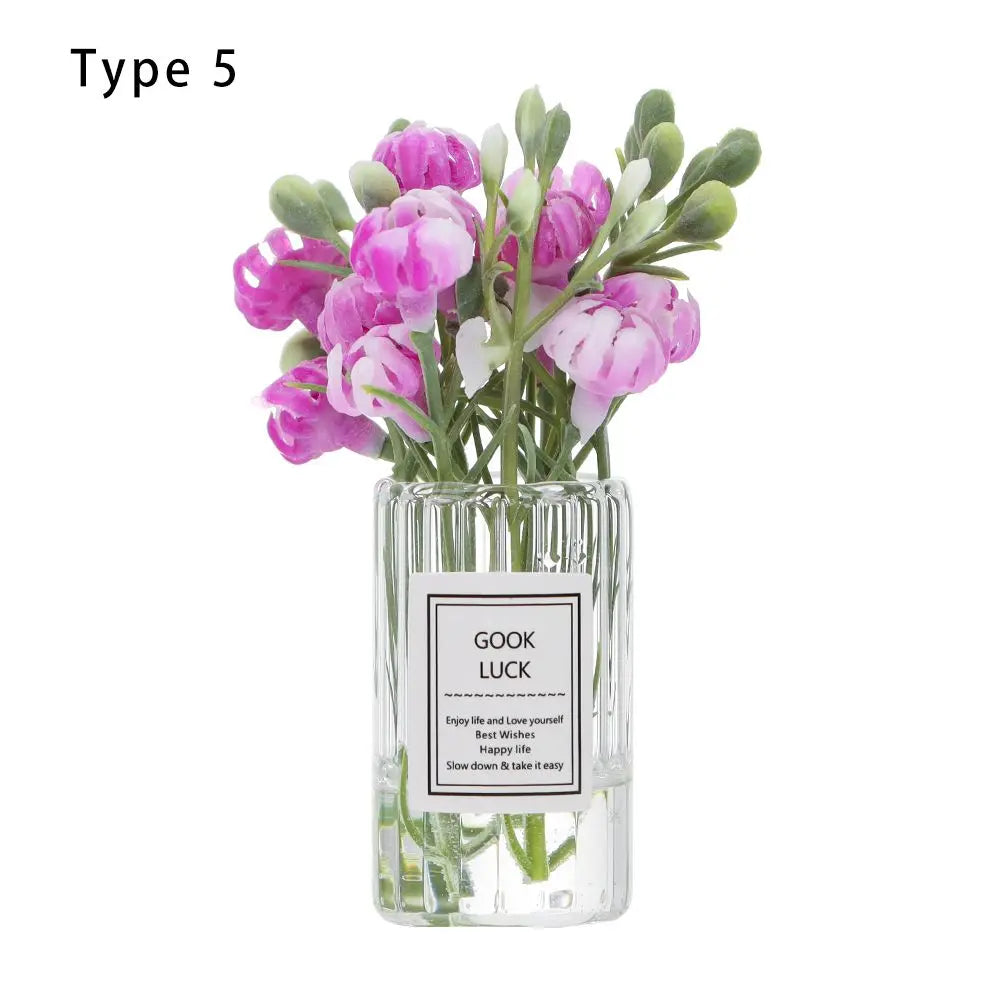 1PC Mini Flower Vase Dollhouse Accessories Simulation Pink Rose White Jasmine 1:12 Scale Mini Floral Arrangement Miniature Model