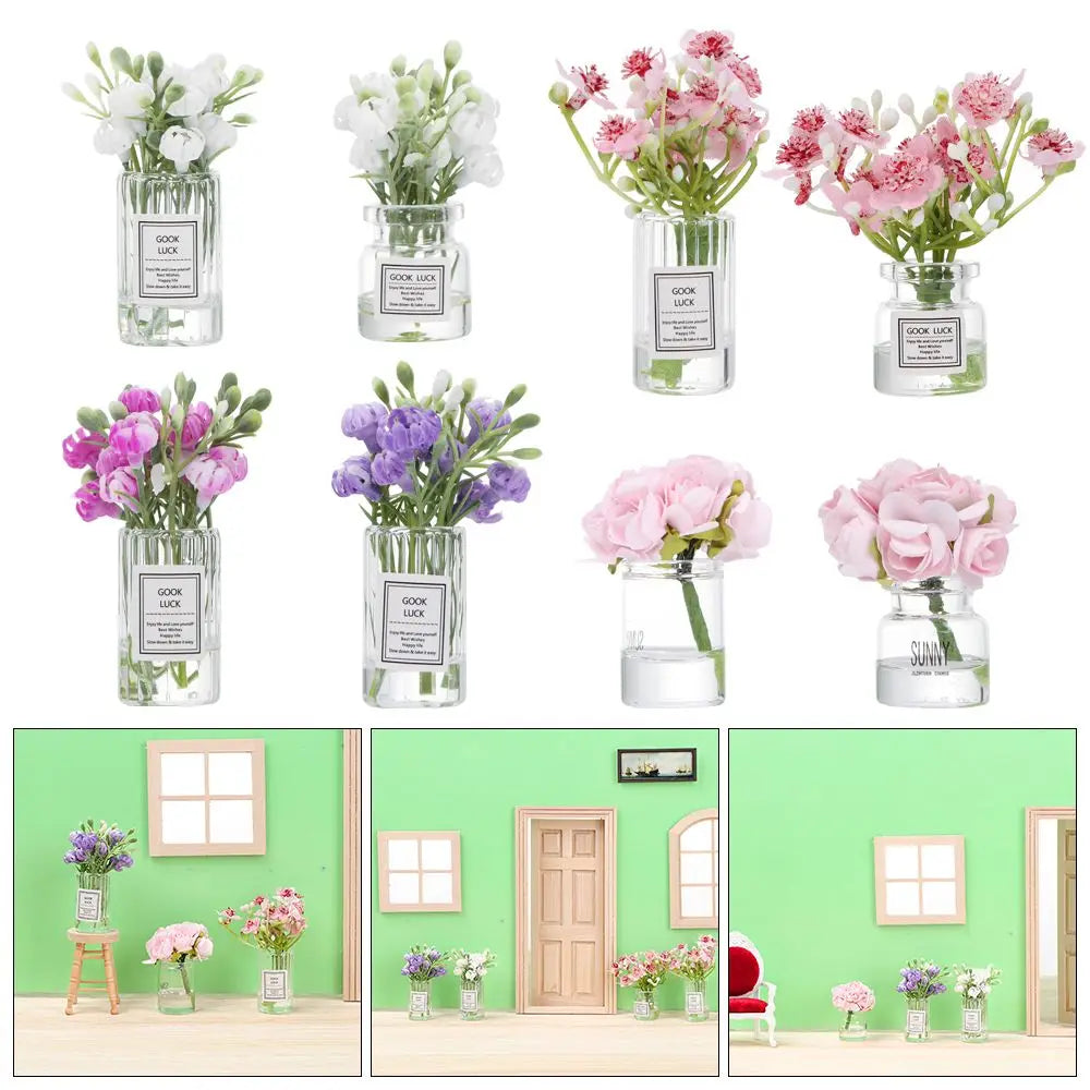 1PC Mini Flower Vase Dollhouse Accessories Simulation Pink Rose White Jasmine 1:12 Scale Mini Floral Arrangement Miniature Model