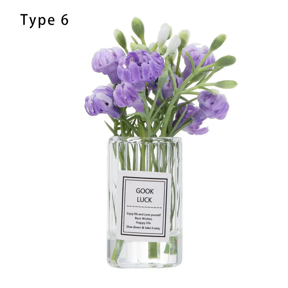 1PC Mini Flower Vase Dollhouse Accessories Simulation Pink Rose White Jasmine 1:12 Scale Mini Floral Arrangement Miniature Model