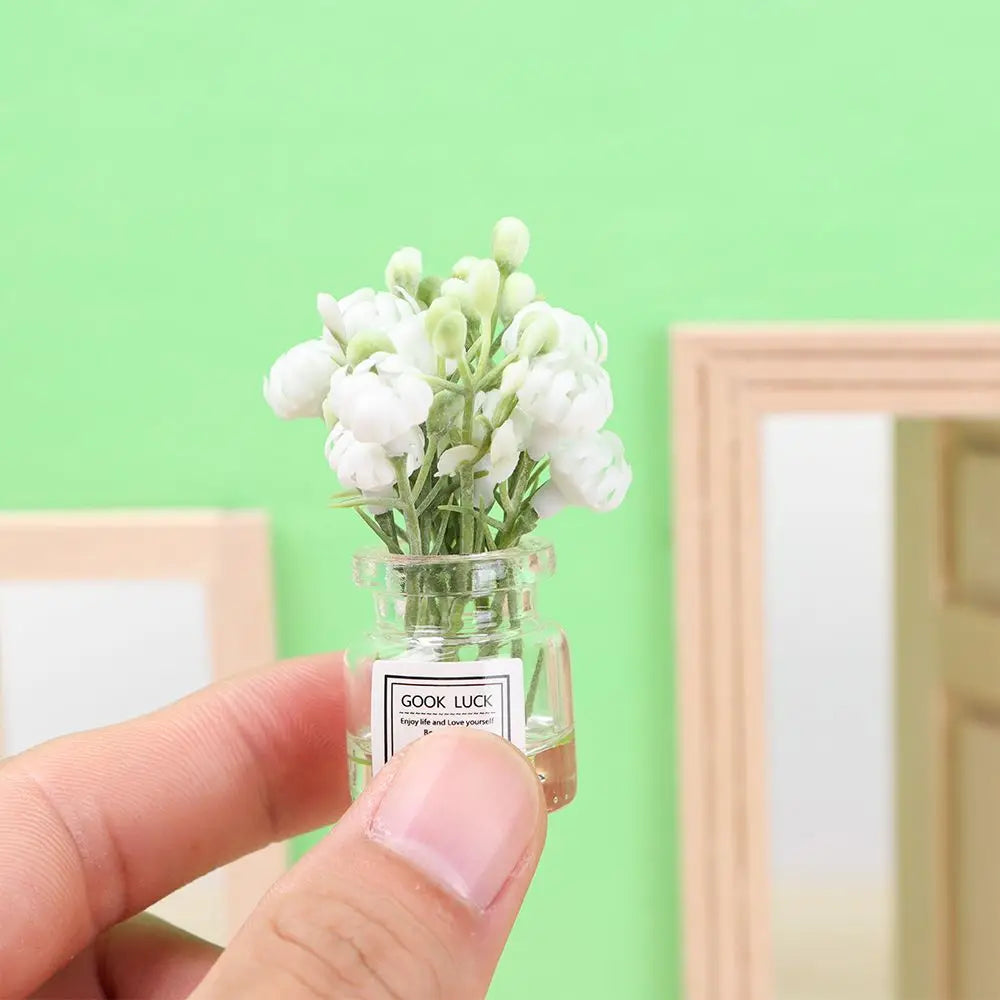 1PC Mini Flower Vase Dollhouse Accessories Simulation Pink Rose White Jasmine 1:12 Scale Mini Floral Arrangement Miniature Model