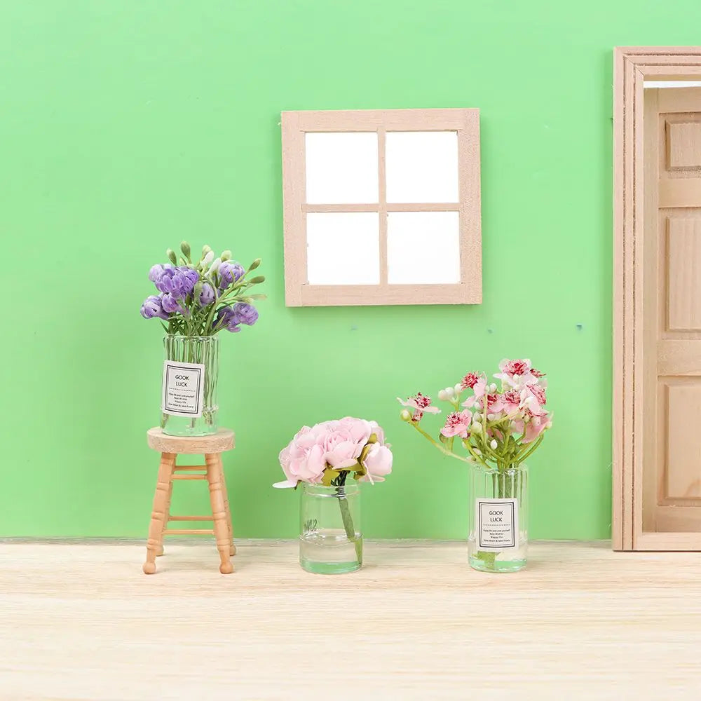 1PC Mini Flower Vase Dollhouse Accessories Simulation Pink Rose White Jasmine 1:12 Scale Mini Floral Arrangement Miniature Model