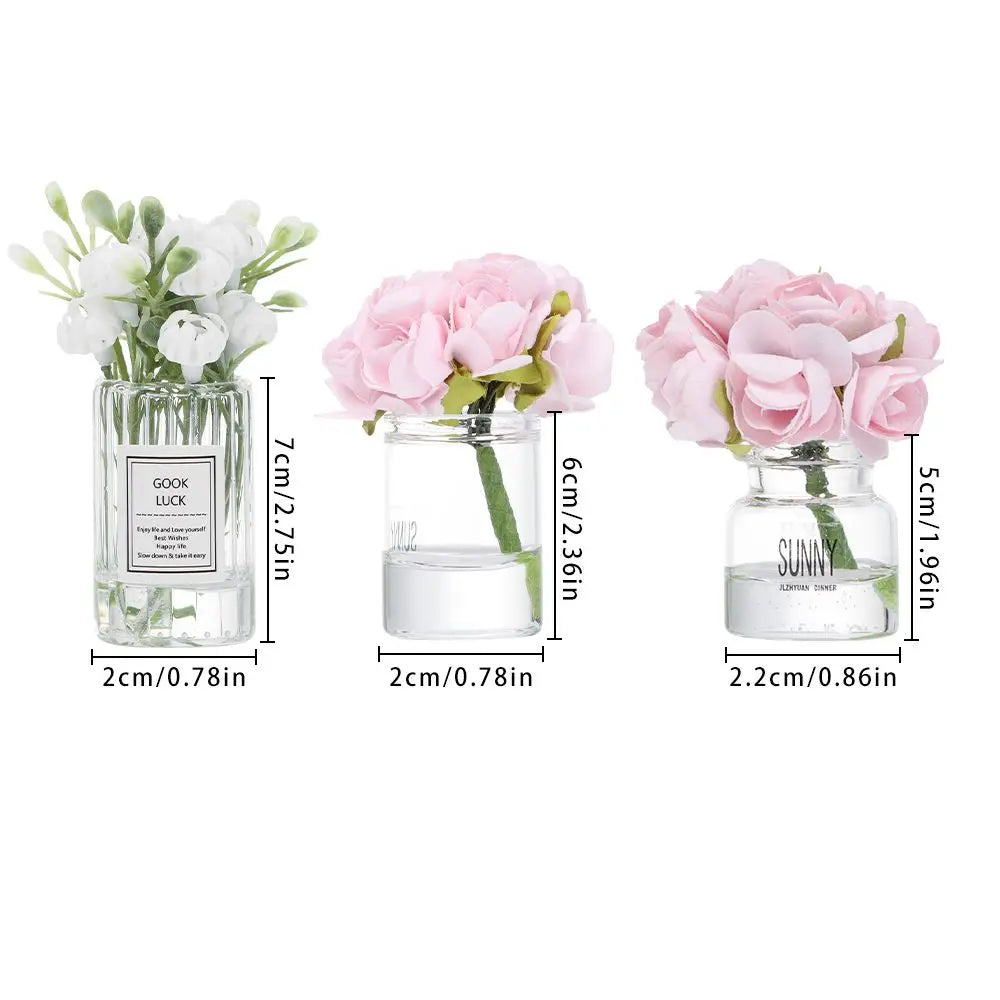 1PC Mini Flower Vase Dollhouse Accessories Simulation Pink Rose White Jasmine 1:12 Scale Mini Floral Arrangement Miniature Model