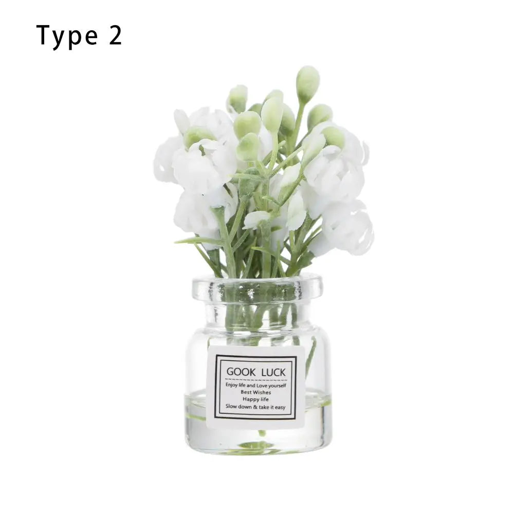 1PC Mini Flower Vase Dollhouse Accessories Simulation Pink Rose White Jasmine 1:12 Scale Mini Floral Arrangement Miniature Model
