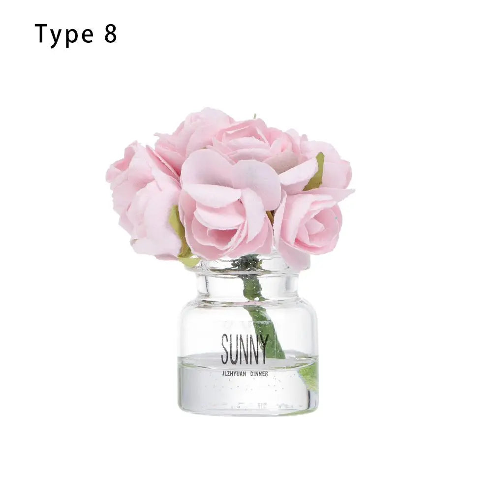 1PC Mini Flower Vase Dollhouse Accessories Simulation Pink Rose White Jasmine 1:12 Scale Mini Floral Arrangement Miniature Model