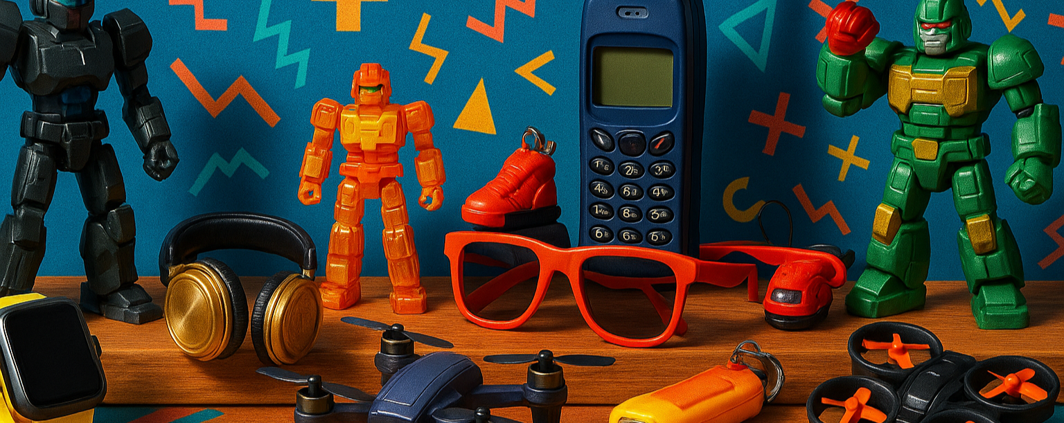 Collection of toys and electronic items on a colorful geometric-patterned background