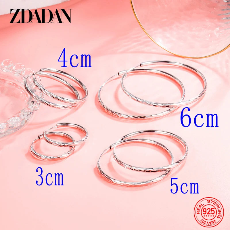 ZDADAN 925 Silver 30/40/50/60mm Round Circle Hoop Earrings For Women Fashion Jewelry