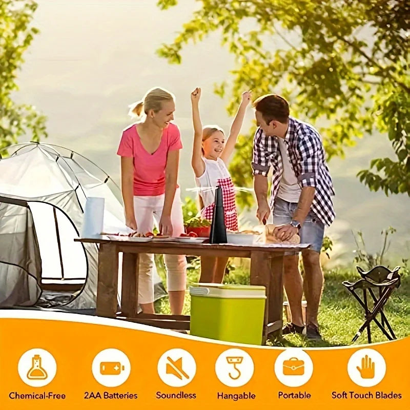 Portable battery powered fly repelling fan with reflective blades, chemical free insect repellent, ABS structure, requires 2 AA