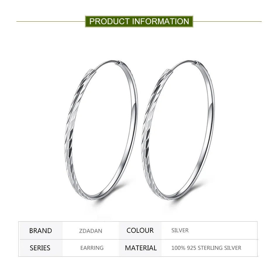 ZDADAN 925 Silver 30/40/50/60mm Round Circle Hoop Earrings For Women Fashion Jewelry
