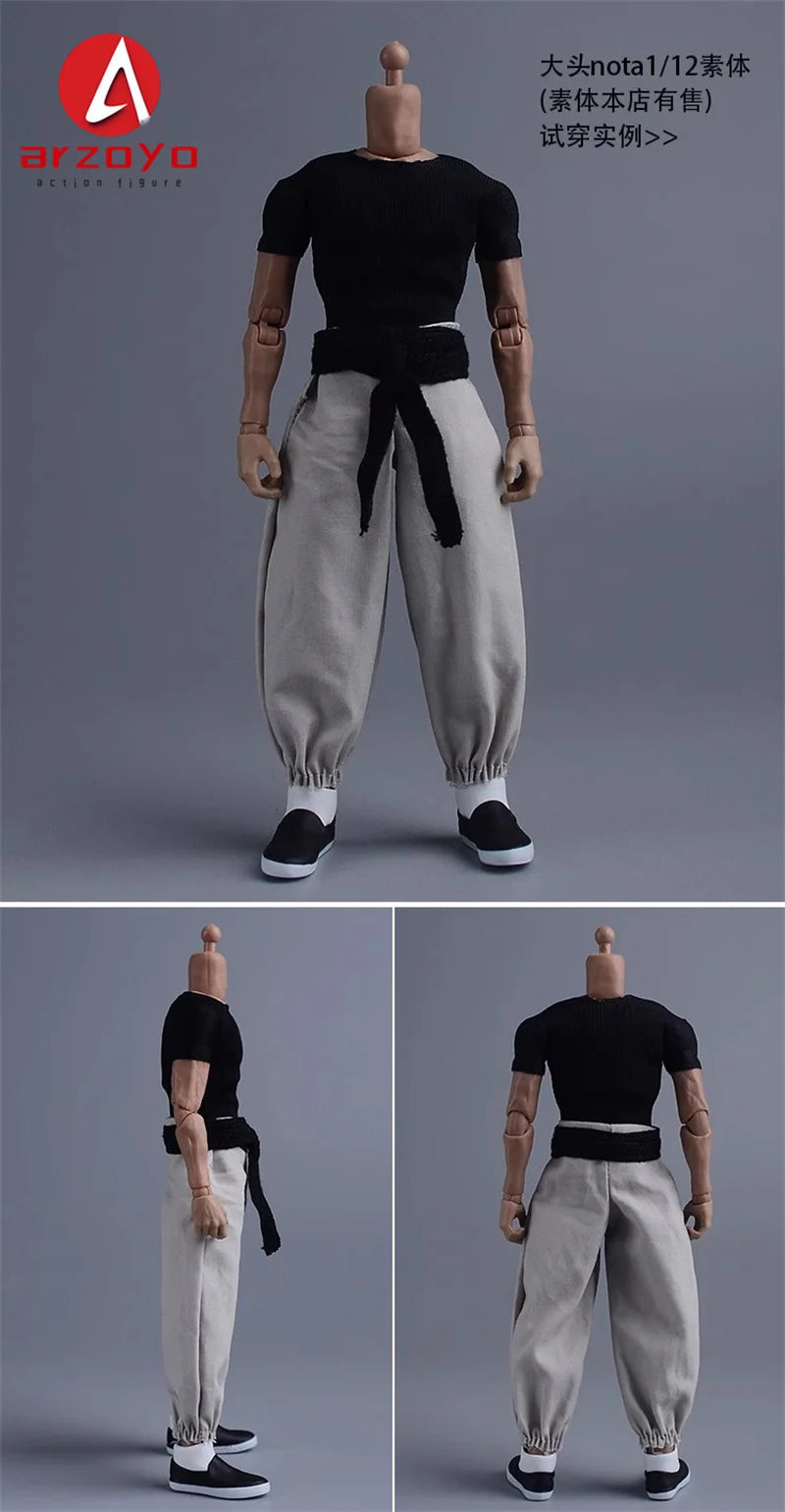 1/12 Scale Vintage Kung Fu Shoes T-shirt Pants Suit Clothes Lantern Pants Model for 6'' Romankey Male Soldiers Action Figure