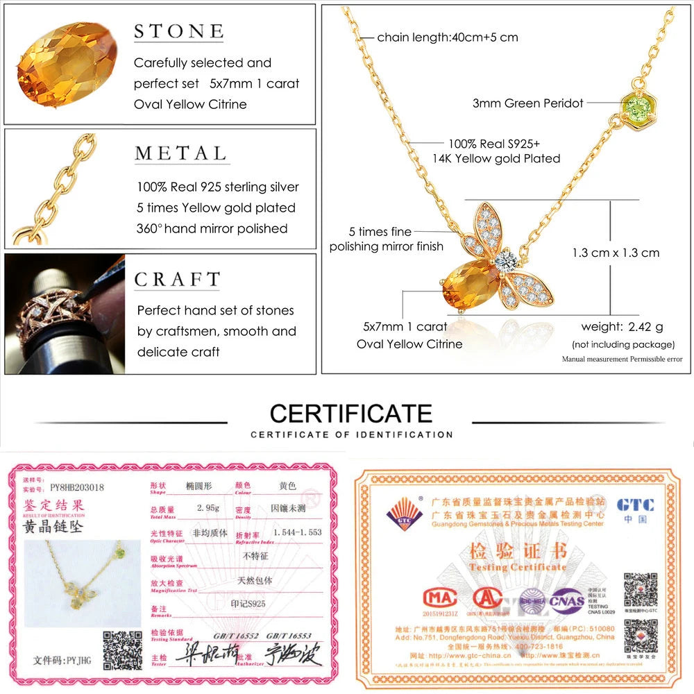 LAMOON Bee 925 Sterling Silver Necklace Natural Citrine Gemstone Necklaces 14K Real Gold Plated Chain Pendant Jewelry LMNI015
