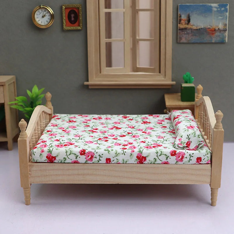 1/12 Dollhouse Miniature Broken Flower Bed Toy Mini Furniture Bedroom DIY Doll House Double Bed Decoration Accessories
