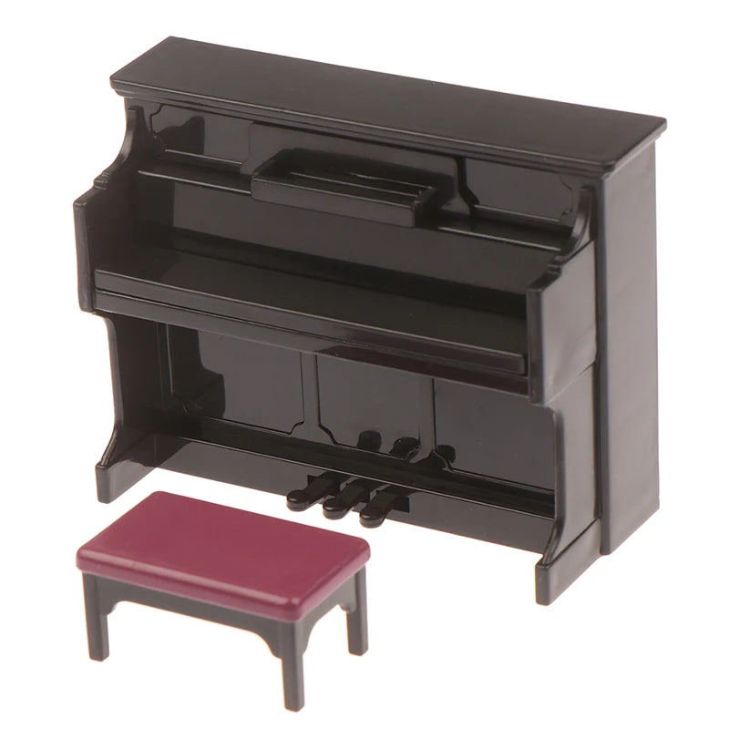 1/12 Dollhouse Miniature Accessories Mini Wooden Grand Piano with Stool Simulation Musical Instrument Model Toy Doll House Decor