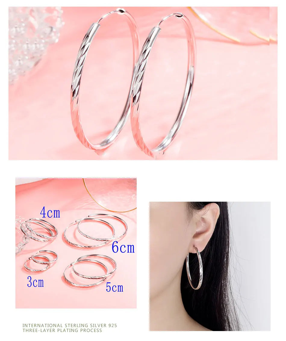 ZDADAN 925 Silver 30/40/50/60mm Round Circle Hoop Earrings For Women Fashion Jewelry