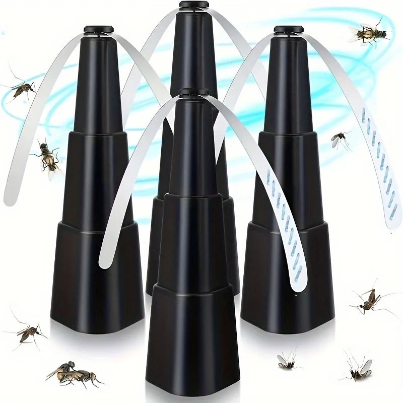 Portable battery powered fly repelling fan with reflective blades, chemical free insect repellent, ABS structure, requires 2 AA