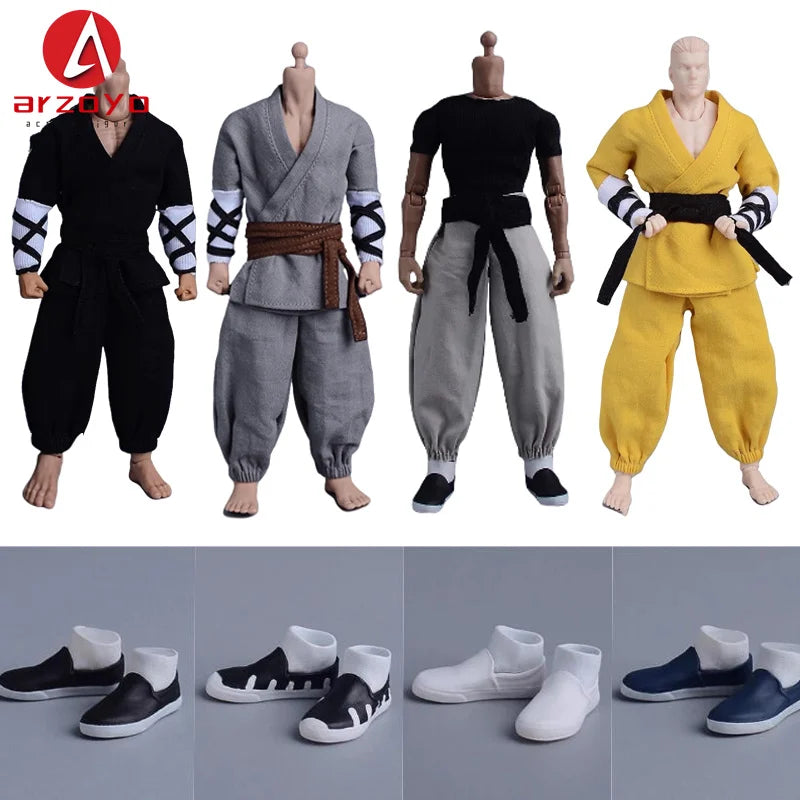 1/12 Scale Vintage Kung Fu Shoes T-shirt Pants Suit Clothes Lantern Pants Model for 6'' Romankey Male Soldiers Action Figure