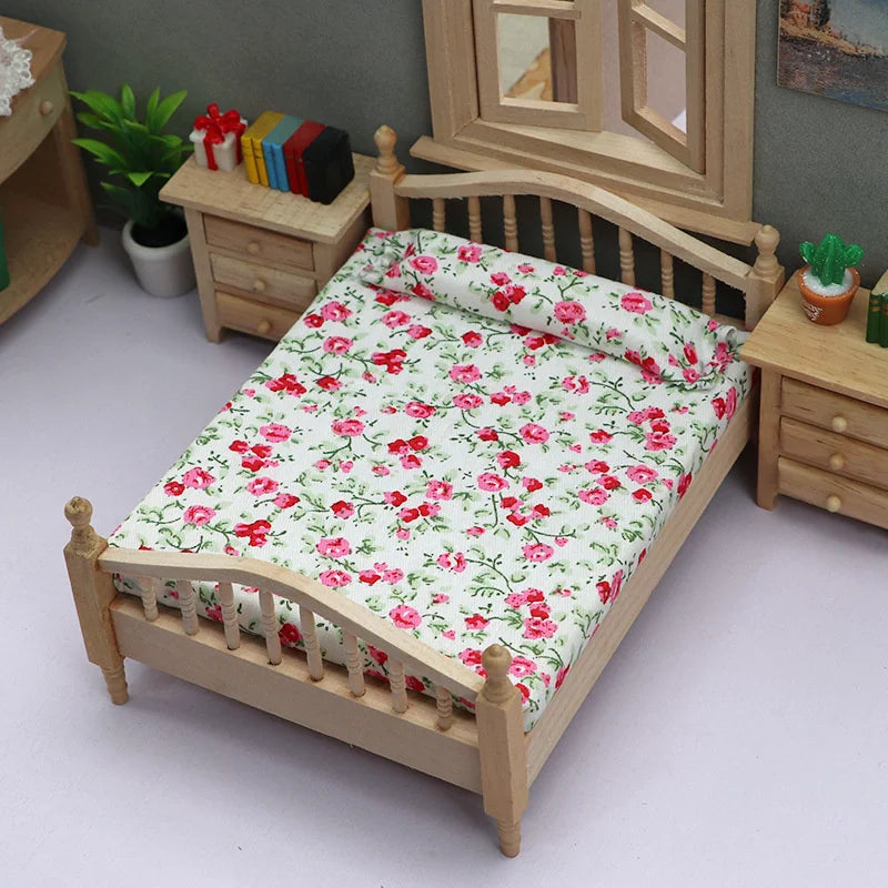 1/12 Dollhouse Miniature Broken Flower Bed Toy Mini Furniture Bedroom DIY Doll House Double Bed Decoration Accessories