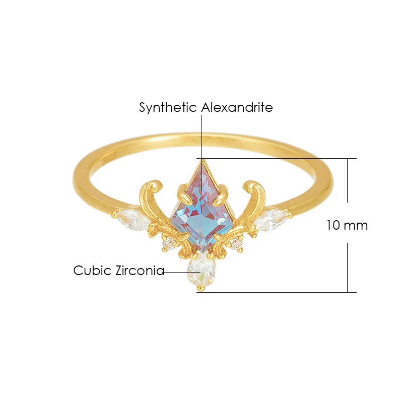 LAMOON Vintage Court Bijou Crown Ring For Women Alexandrite Ring 925 Sterling Silver Gold Plated Fine Jewelry Accessories