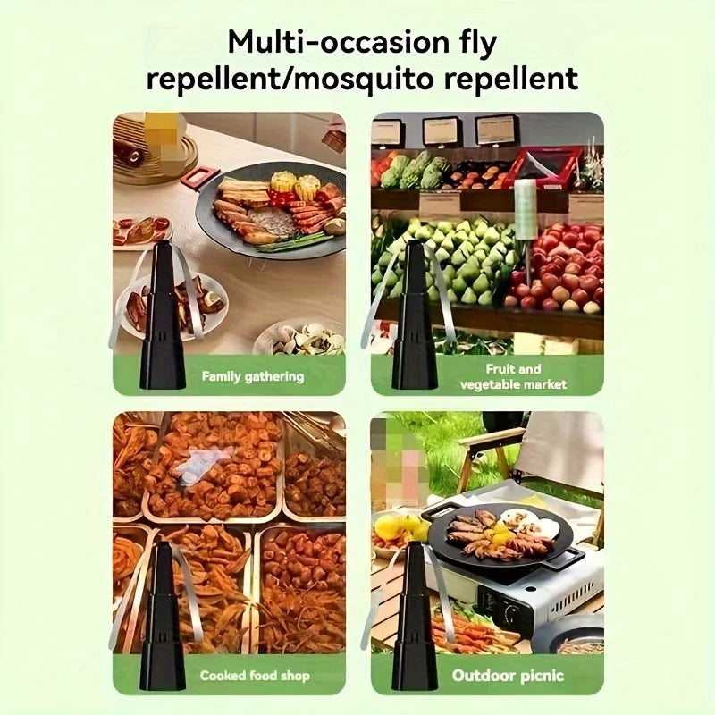 Portable battery powered fly repelling fan with reflective blades, chemical free insect repellent, ABS structure, requires 2 AA