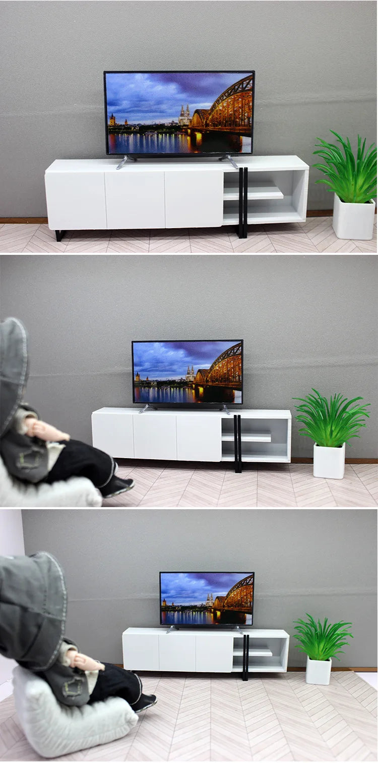 1/12 Dollhouse Mini TV with Stand Base TV Scale Miniature Model Home Decor Decoration Toys Gift Doll House Accessories Crafts