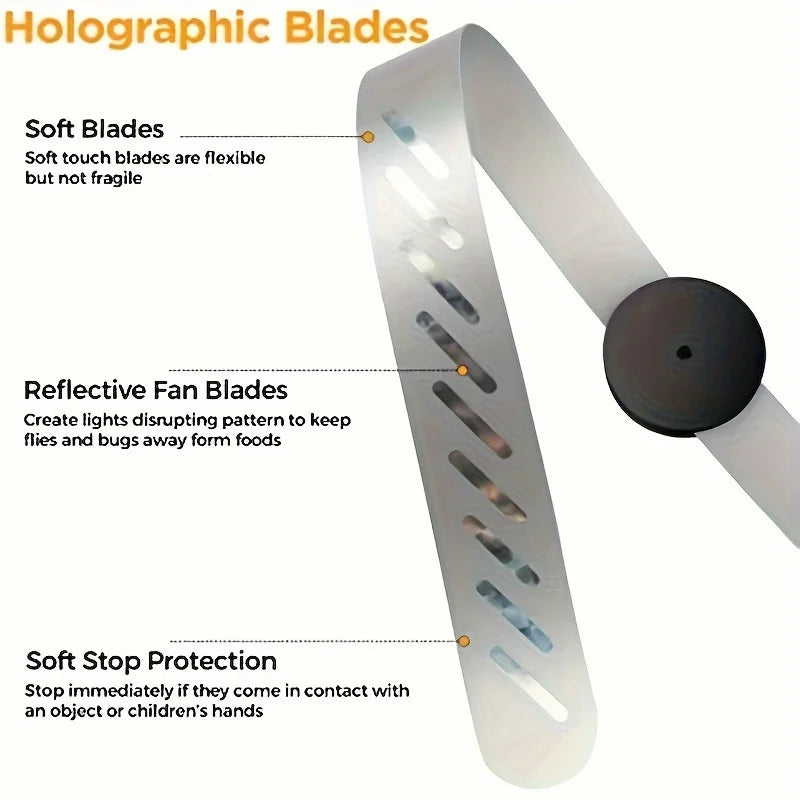 Portable battery powered fly repelling fan with reflective blades, chemical free insect repellent, ABS structure, requires 2 AA