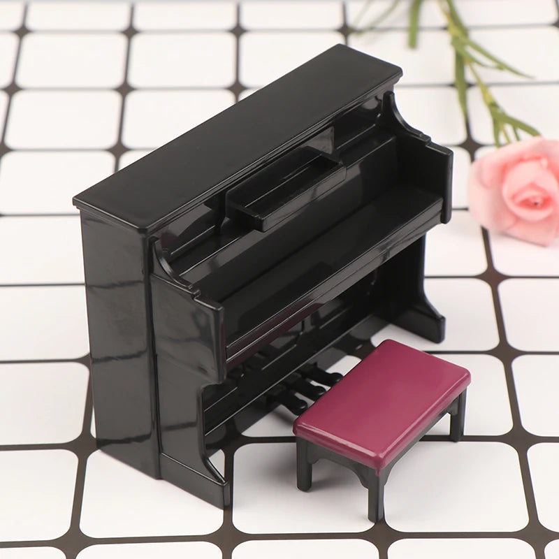 1/12 Dollhouse Miniature Accessories Mini Wooden Grand Piano with Stool Simulation Musical Instrument Model Toy Doll House Decor