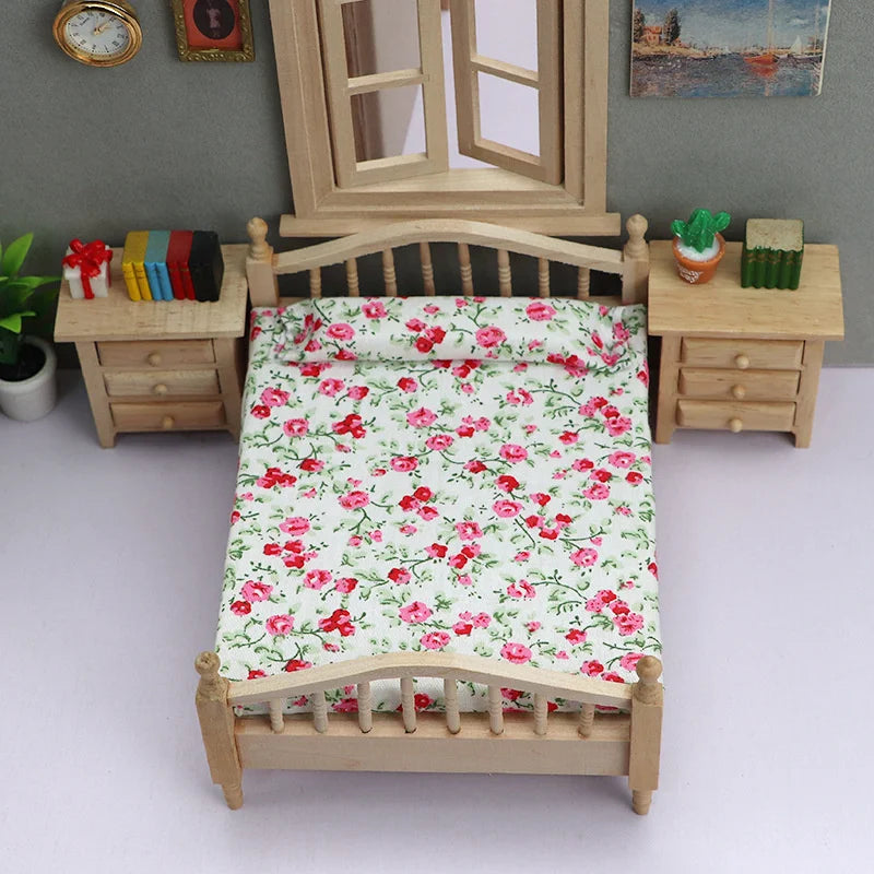 1/12 Dollhouse Miniature Broken Flower Bed Toy Mini Furniture Bedroom DIY Doll House Double Bed Decoration Accessories