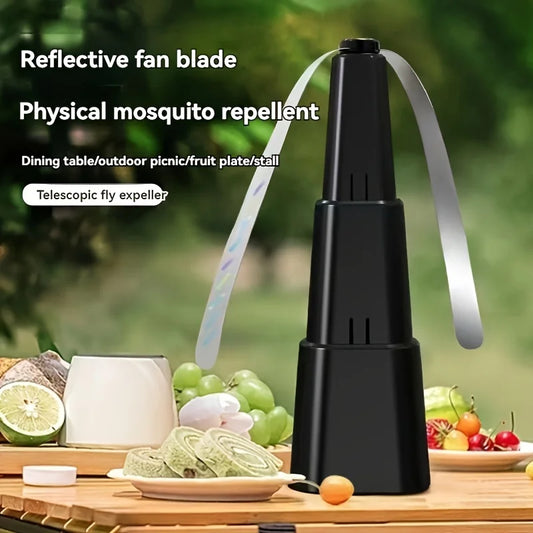 Portable battery powered fly repelling fan with reflective blades, chemical free insect repellent, ABS structure, requires 2 AA
