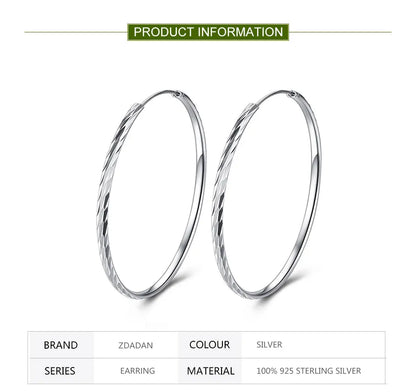ZDADAN 925 Silver 30/40/50/60mm Round Circle Hoop Earrings For Women Fashion Jewelry