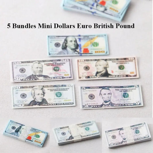 New 5 Bundles Paper Mini Dollars New 10 Styles Cute Banknotes Model 1/12 Dollhouse Toys 1/12 Dollhouse Decoration